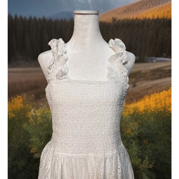 Bobi Los Angeles: Square Neck Smocked Eyelet Dress•Maxi W/pockets•White•XL•NEW - Picture 5 of 13